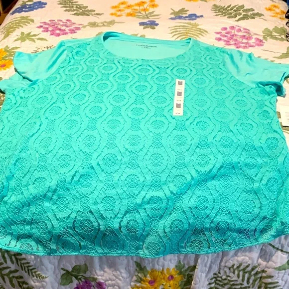 Blue and Green Embellished Boxy Short Sleeve Blouse - Picture 1 of 8